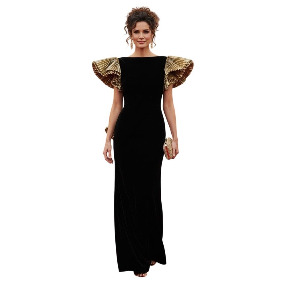 Vintage 1980s After Five Black Velvet Formal with Bold Gold Lame Accent Size Med